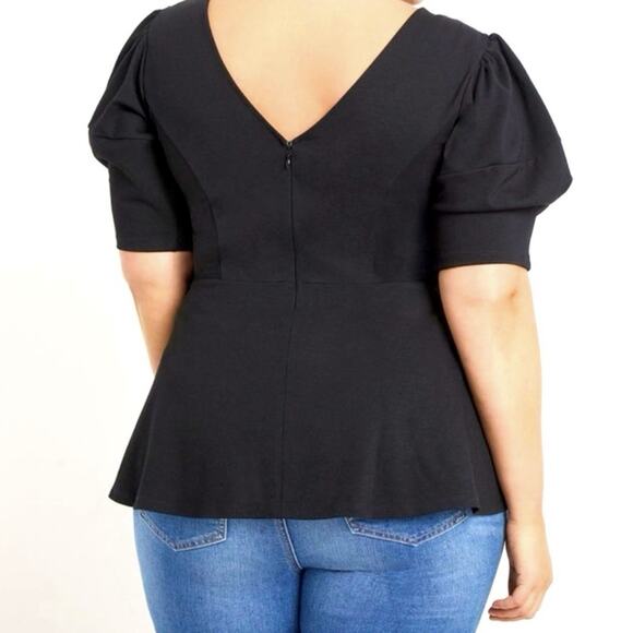 New Eloquii Black Puff Sleeve Peplum Blouse Top Scuba Ponte Back Zip Size 16 - Picture 3 of 12